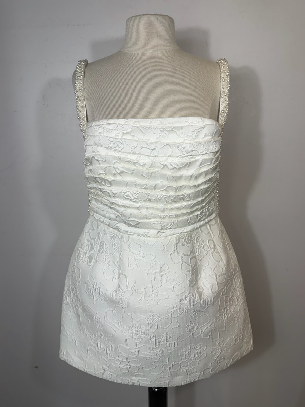 Rebecca Vallance Ivory Pearl Strap Jacquard Mini Dress US 10 Silk Bridal